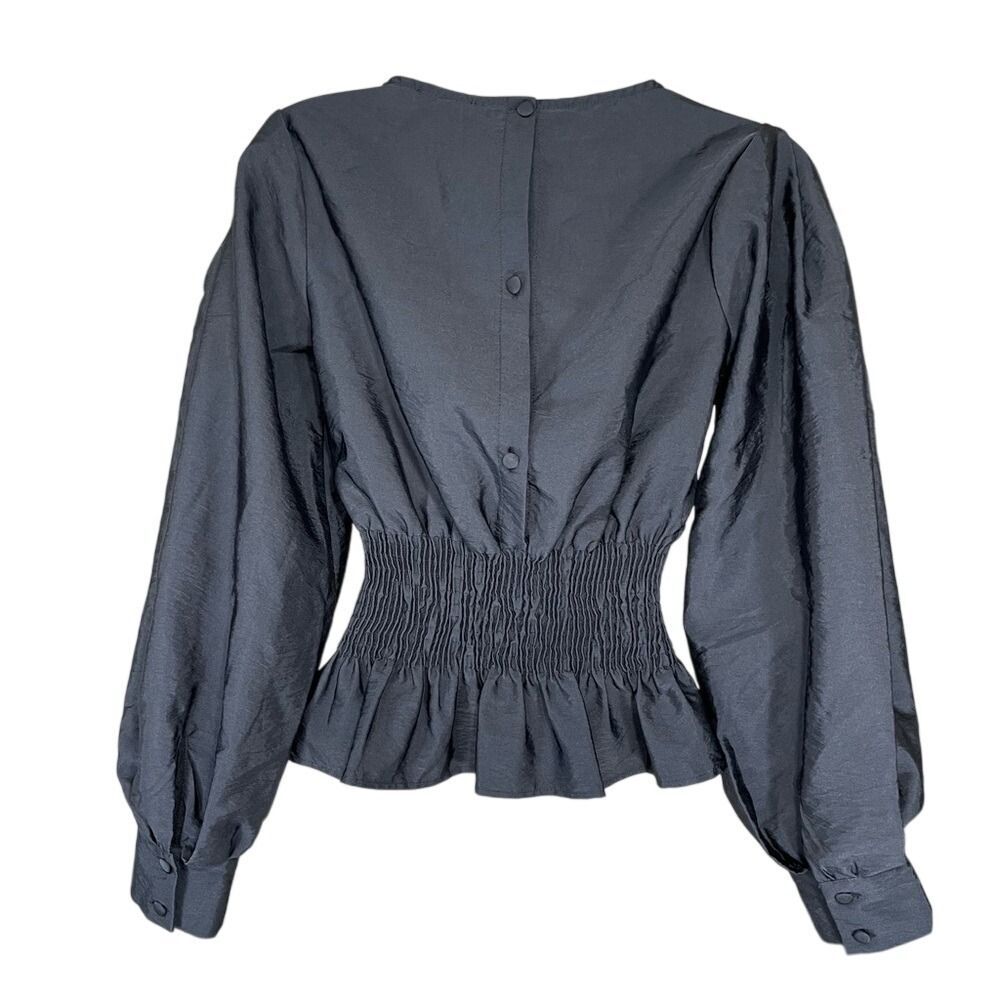 Top shop Peplum Blouse W/ 2 Black Smocked Puff Sleeve 13O59TBLK LN/NWOT - Picture 3 of 11
